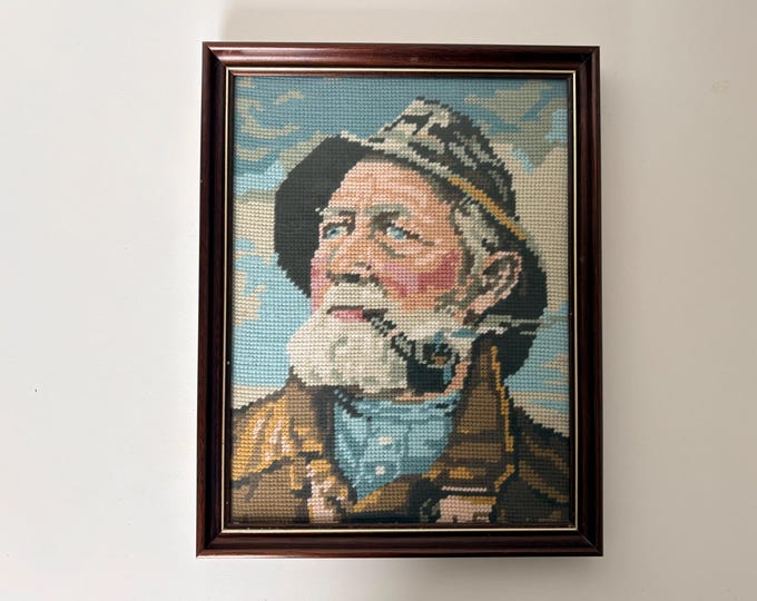 Vintage embroidery framed portrait of Dorus Rijkers, a pipe-smoking fisherman, mid century wall art 1970's, Original by Harry Haerendel
