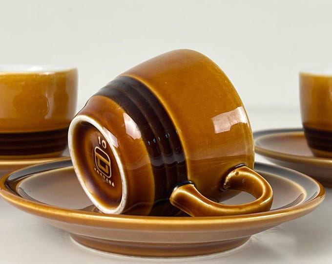 Set of 3 lovely vintage porcelain, caramel brown, espresso cups and saucers, Tognana Italy 1960s