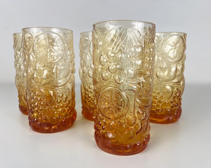 Lovely set of 5 large vintage lemonade, drinking glasses from the 1970s, orange glass decorated with embossed fruits.
