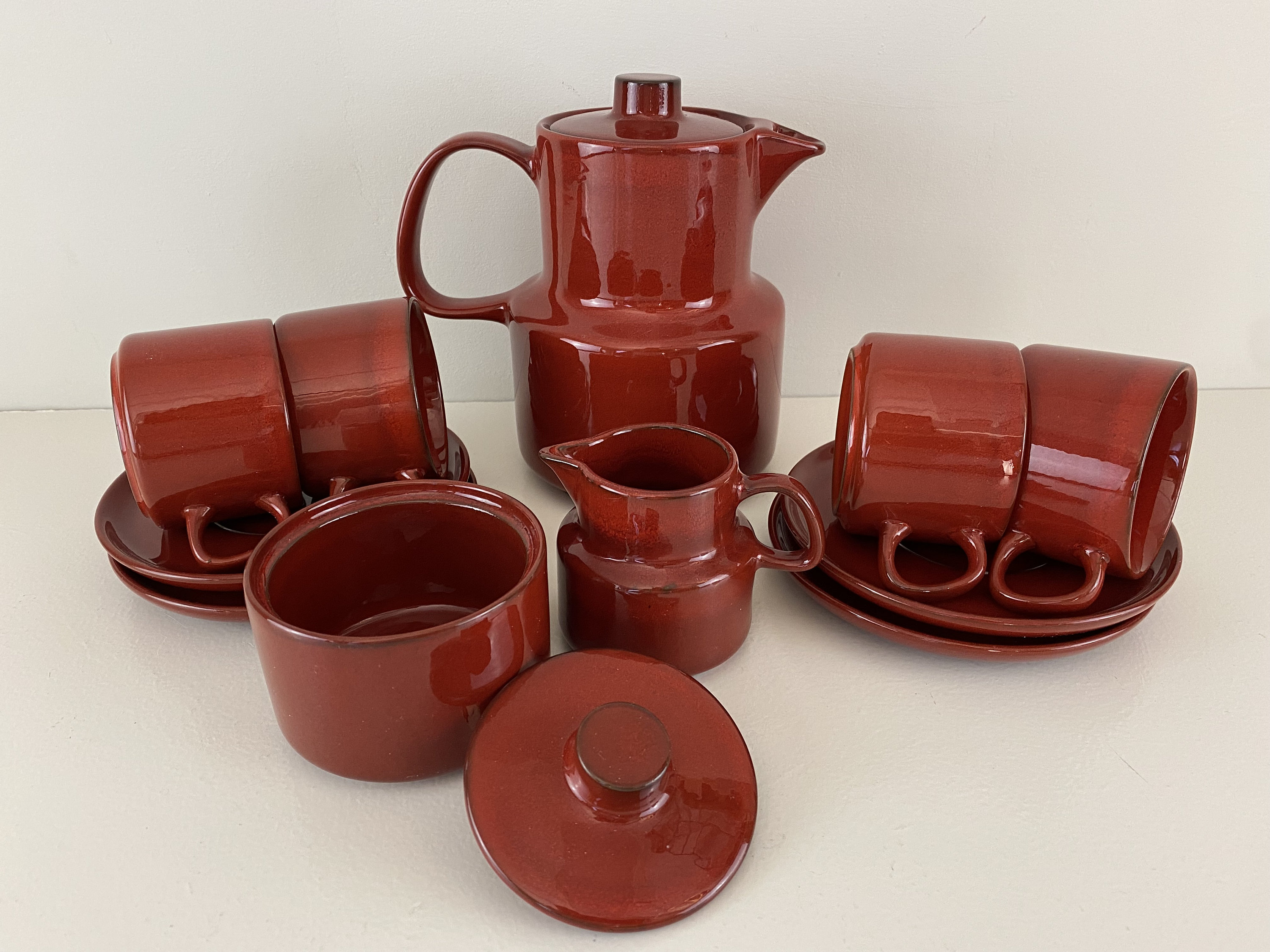 Vintage red Melitta Ceracron Copenhagen tea or coffee set, Melitta