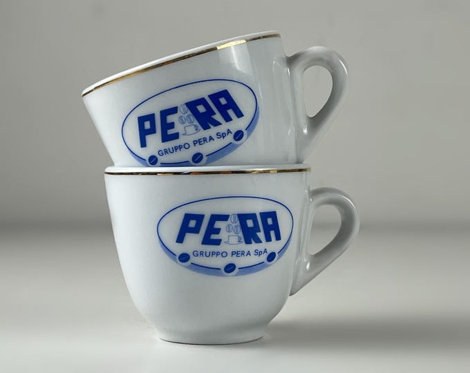Set of 2 Vintage Caffè Pera espresso cups with gold rim, blue and white Italian porcelain Gruppo Pera SpA
