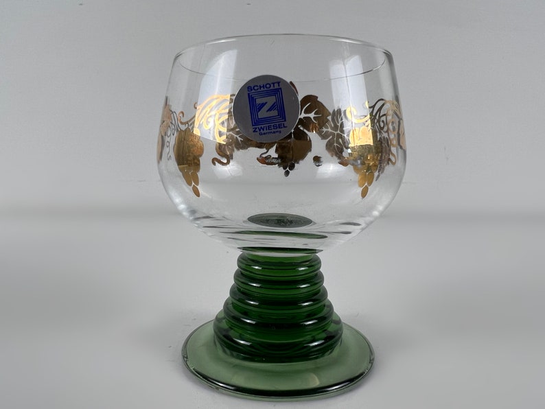Set of 6 Schott Zwiesel, olive green stemmed gold decorated white wine glasses, stemmed glasses, vintage barware from Germany image 6