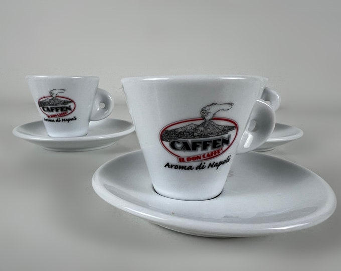 Set of 3 thick porcelain bar quality espresso cups, advertising 'Caffen, il Don Caffè", made in Italy 2000's