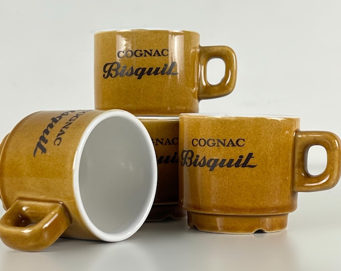 Set of 3 or 4 very nice vintage bar, bistrot, demi-tasse coffee cups, advertising Cognac Bisquit, France 1970s