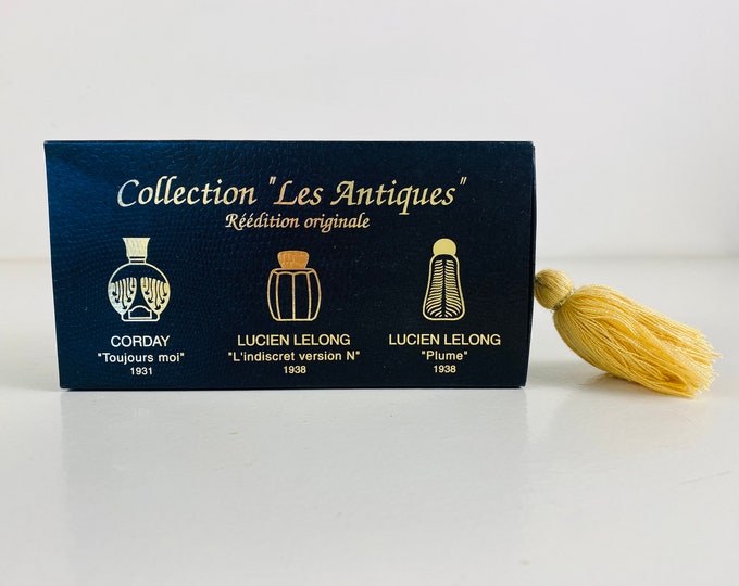 Vintage Perfume Miniatures set: Collection Les Antiques Réédition originale, Corday Toujours moi, Lucien Lelong L'indiscret version N, Plume