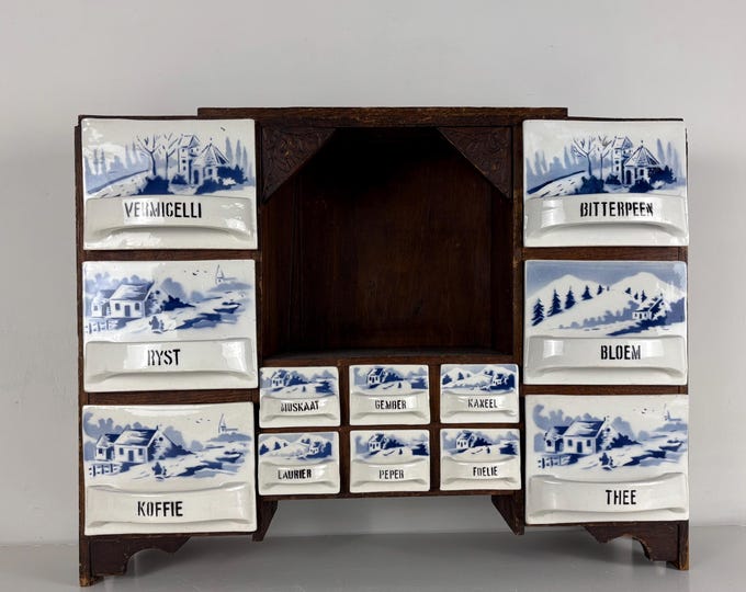Wooden spice rack cabinet, Belgian spice cabinet with porcelain drawers, Beautiful antique Belgian decor 1930s
