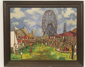 Original acrylic painting in wooden frame, People at the fairground, Fabulous vintage Carnival art, wall art from Kerkrade Holland from 1980