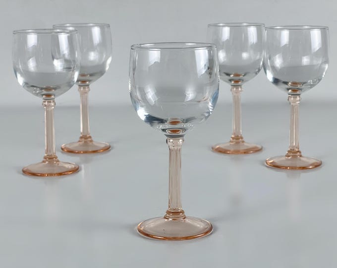 Set of 4 or 5 vintage Luminarc white wine glasses with a peach colored Greek column inspired stem, Vintage French barware 1980s