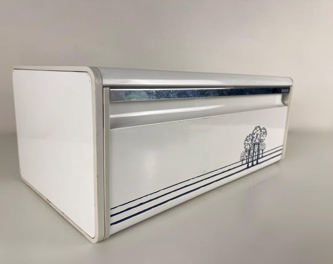 Brabantia bread box white metal bread box with a blue decor of trees, vintage mid century design 1980s