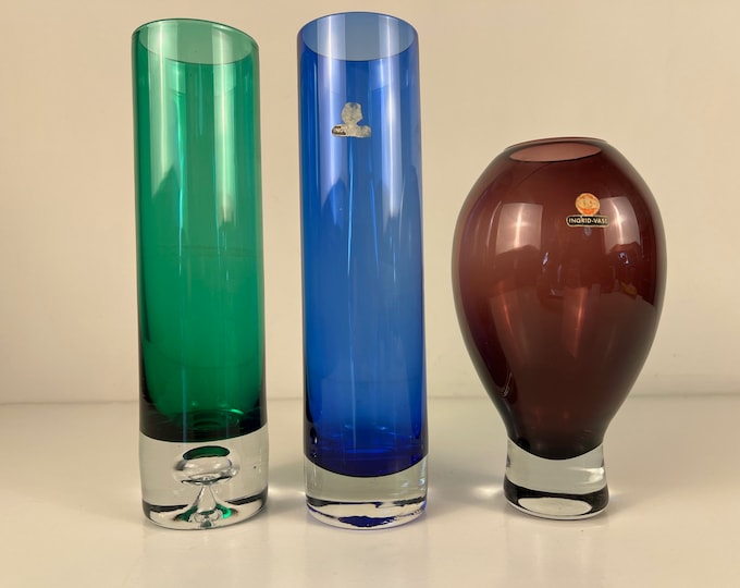 Ingrid Glass vases Mid Century Modern German vases, Ingrid Glashütte Germany, vintage vases in purple amethyst, blue and green from the 70s