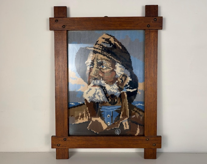 Vintage embroidery framed portrait of pipe-smoking fisherman, mid century wall art 1970's, Original by Harry Haerendel