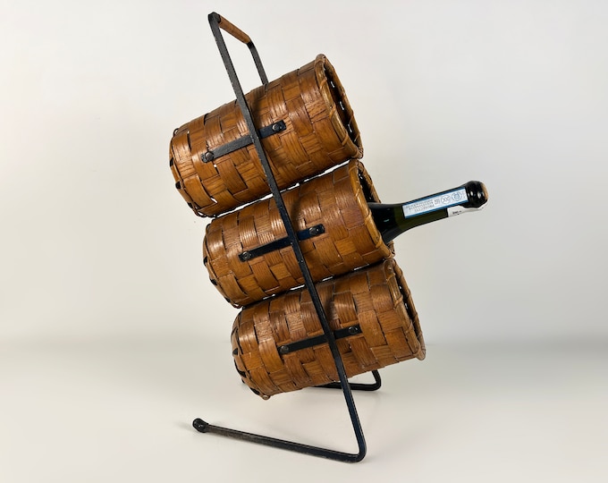 Great vintage rattan and metal wine rack for 3 bottles, mid century modern - boho design from the 1960s