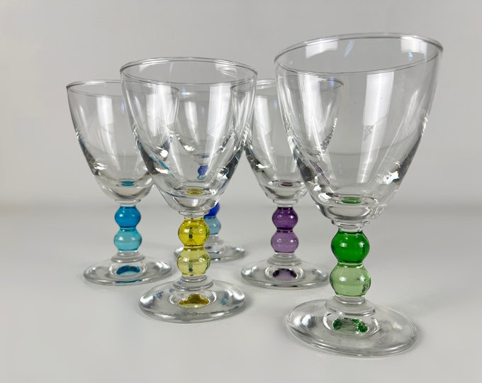 Set of 5 colored ring stem wine goblets, wine glasses, vintage barware from the 1990s