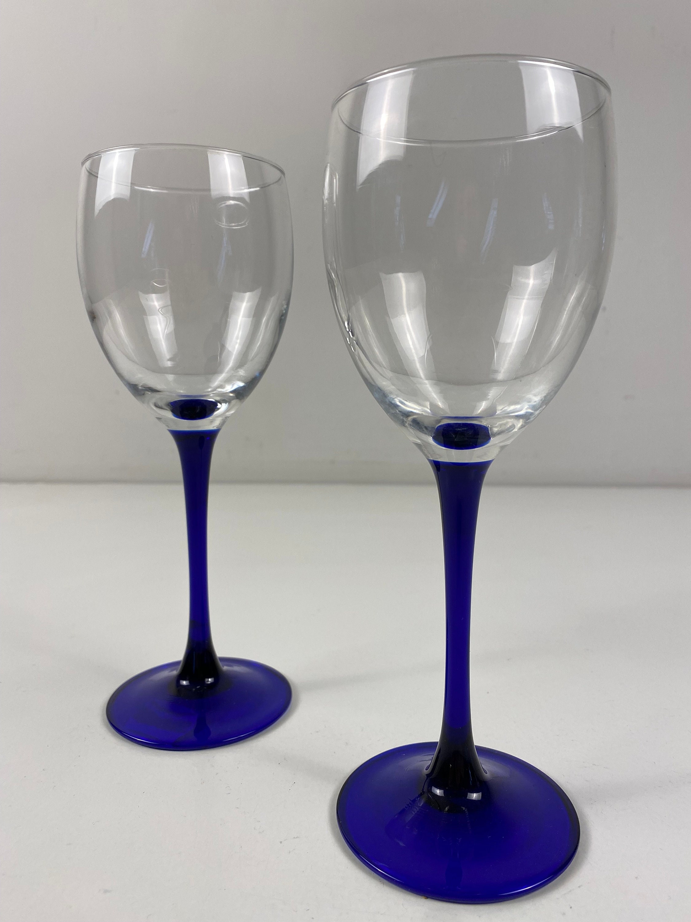 2 Large Vintage French Blue Blown Glass Stem Wine Glasses, Tall Retro Hand  Crafted Glassware Goblets from France, Big Drinking Glasses