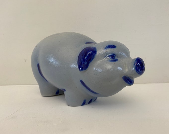 Large gray blue ceramic glaze stoneware piggy bank, vintage pig piggybank lovely decorated with a flower, 1980s design