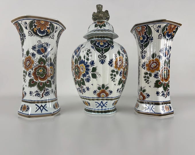 Hand-painted Dutch porcelain cabinet set with coloured floral pattern, earthenware Delft, Holland, mid century modern 1960s