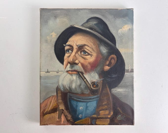 Vintage portrait painting of pipe-smoking fisherman, mid century wall art 1970's, Original by Harry Haerendel