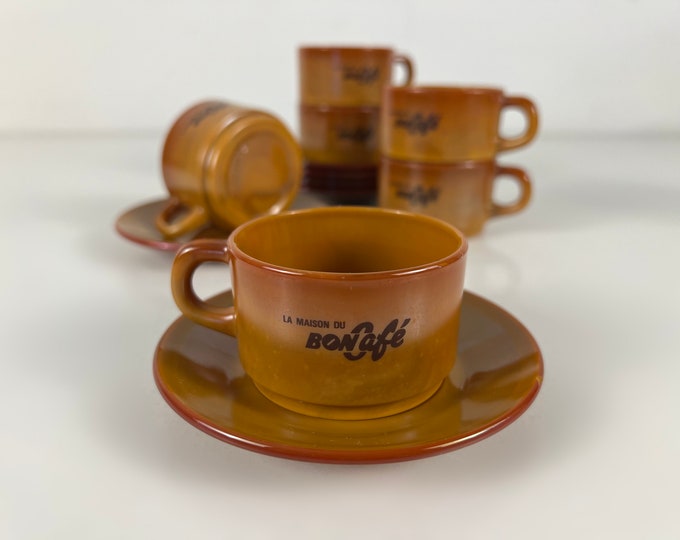 Set of 6 vintage Arcopal coffee cups and saucers for La Maison du Bon Café, France 1980s kitchenware, retro mid century modern design