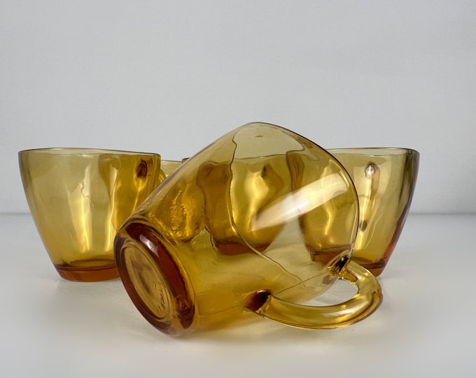 Small amber colored glass coffee- espresso cups, set of 5, Vereco France, mid century modern 1960's