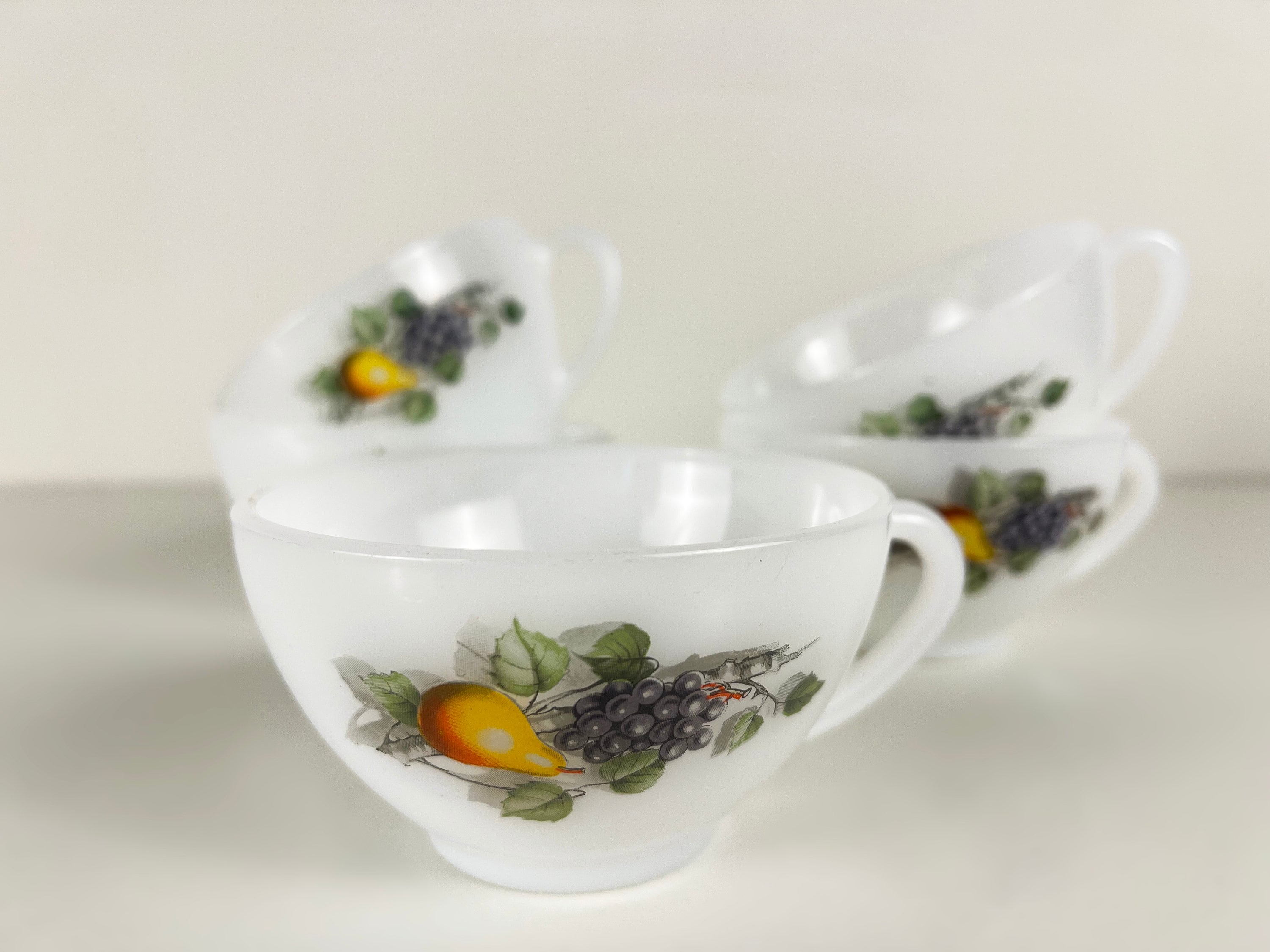 Set of 5 large Arcopal opal glass coffee or tea cups, Fruits de France