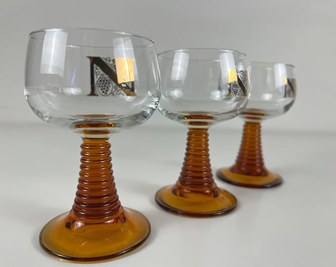 Set of 3 vintage white wine stem glasses with amber honeycomb colored ribbed stem from the 70s