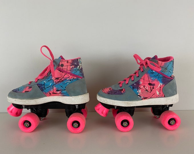 Vintage 80's Retro Roller skates grey, neon pink, purple, blue and disco colors. Size: EU 35 USwoman 4.0, US UK 2.5