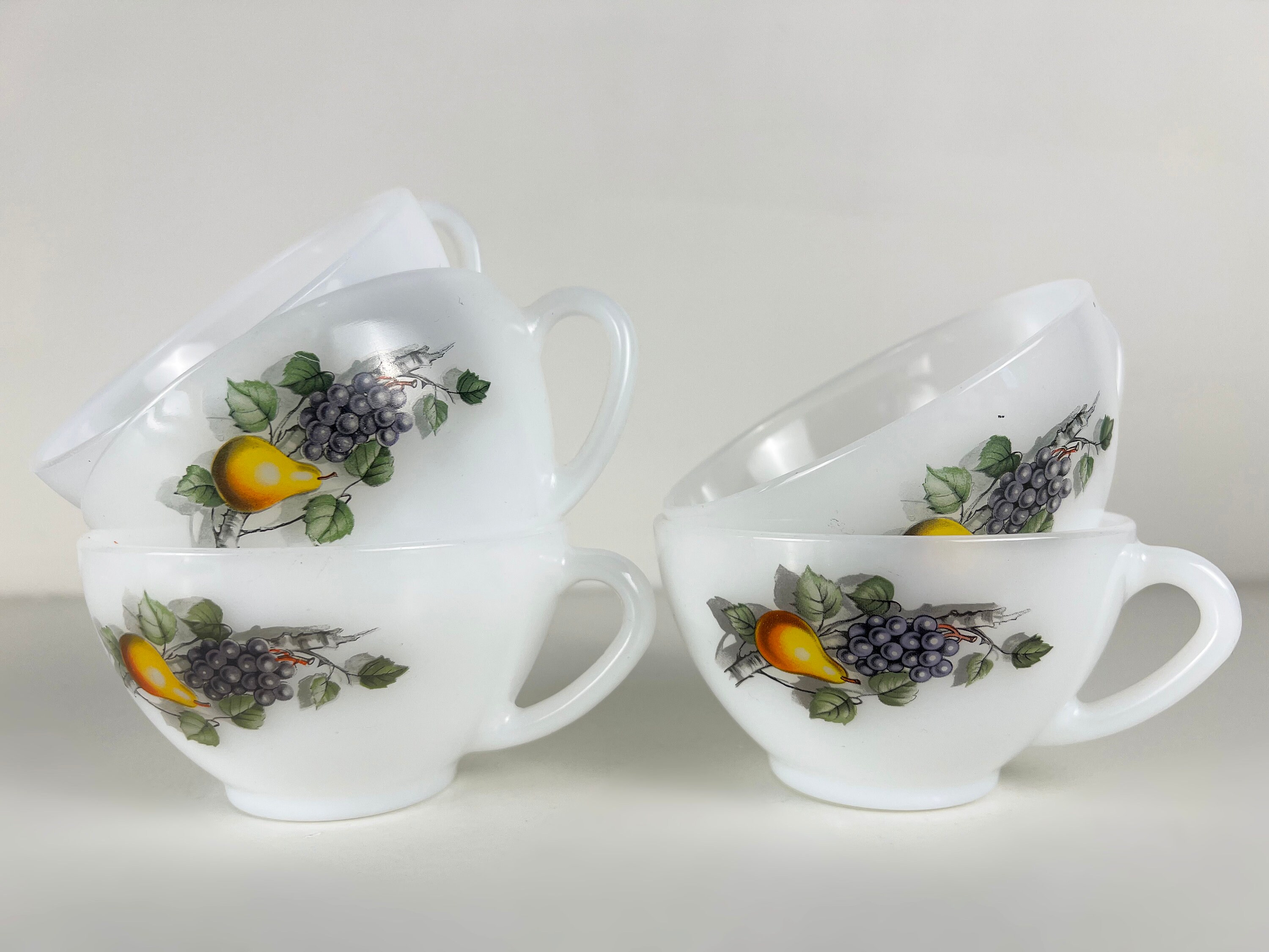 Set of 5 large Arcopal opal glass coffee or tea cups, Fruits de France
