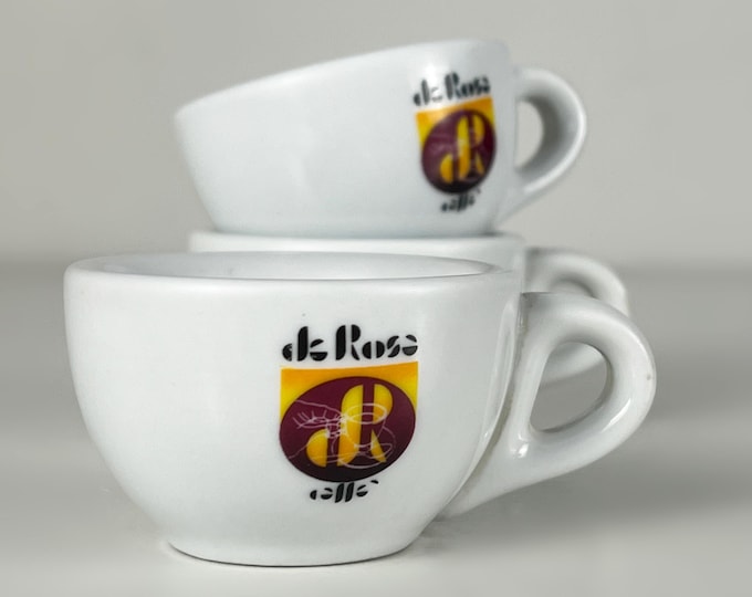 Set of 3 vintage, bar quality porcelain espresso cups, advertising "Da Rosa caffè" manufactured by MPA Napolitana. From the 1980s