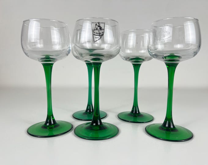 Mixed set of 5 green stemmed wine glasses, Alsace wine glasses, Roemer glasses mixed set some with small decor, French 1980s Vintage