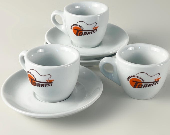 Set of 3, nice vintage, bar quality porcelain espresso cups and saucers, advertising "Supermiscela Torrisi" IPA Italy 1980s