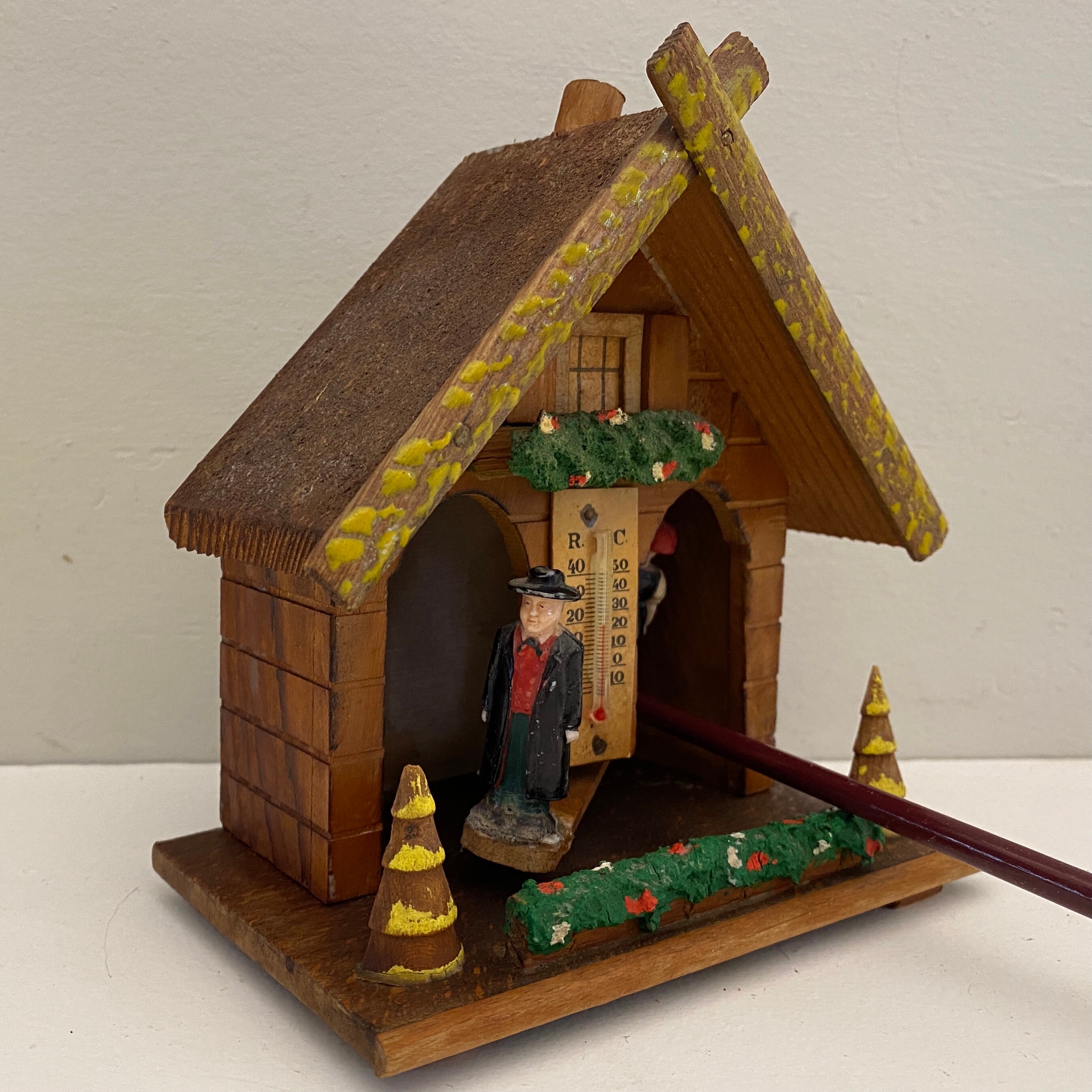 German Wooden Weather House with turning Couple Thermometer 6 x 3 x 5  high