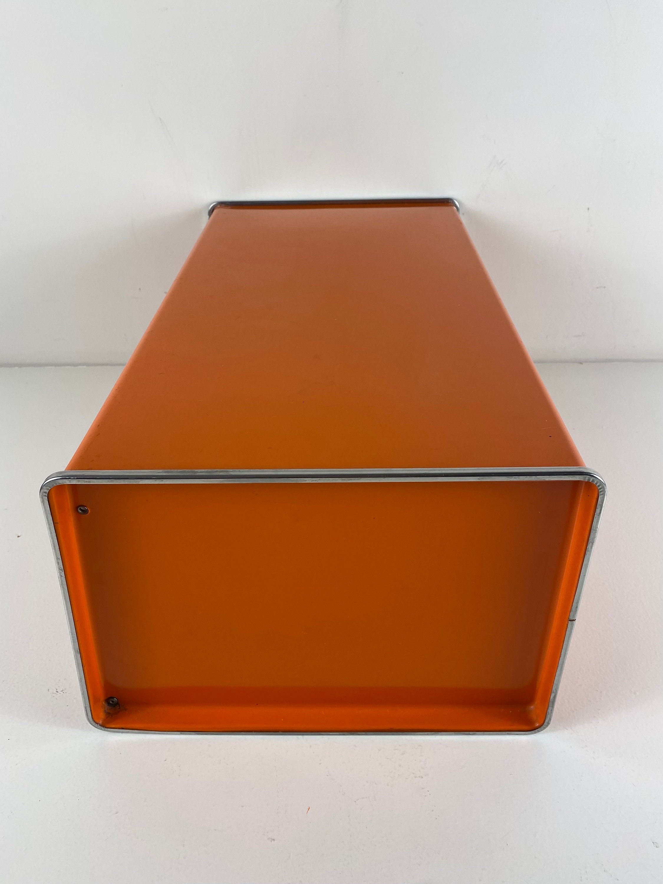 Brabantia orange metal bread box, Brabantia Diana bread box with a flowery design, vintage mid
