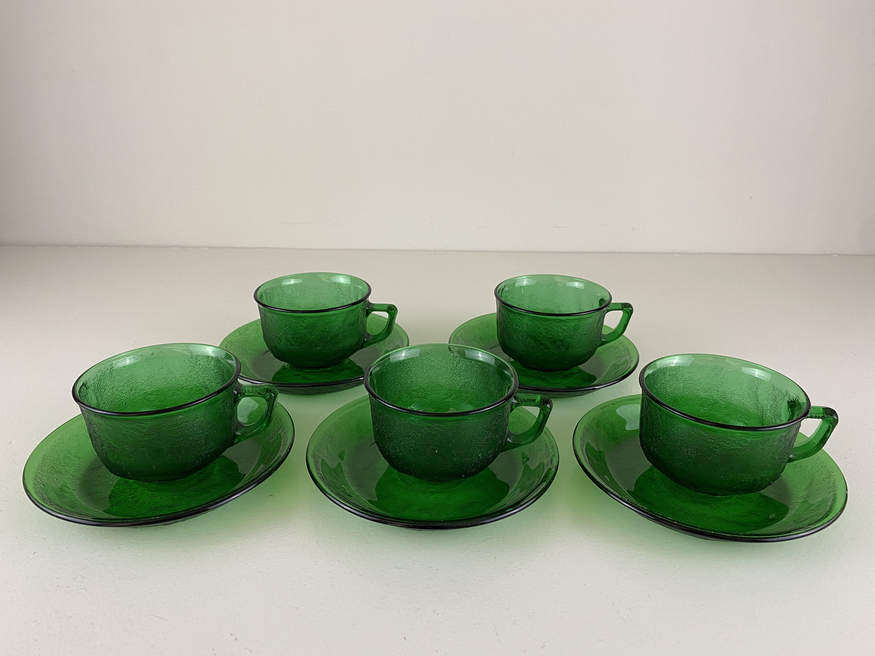 Arcoroc Sierra Green Glass Cups And Saucers Demitasse Coffee Cups Set Of 2 Or 3 By Arc International France Mid Century Modern 1970 S