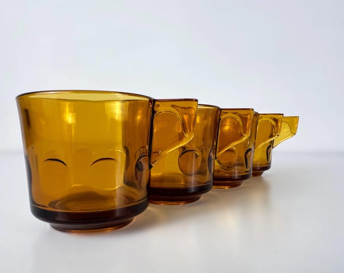 Set of 4 amber colored glass coffee cups, tea cups with saucers, vintage retro mid century modern design, Italy 1960s
