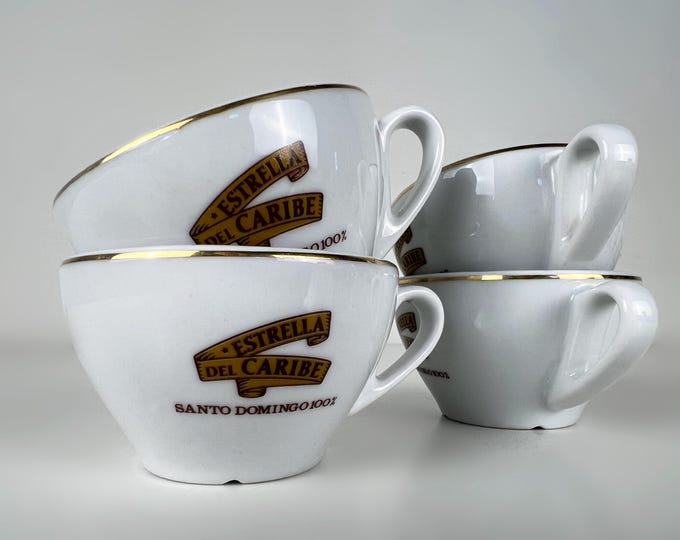 Set of 4 coffee or cappuccino cups, heavy bar quality porcelain, Estrella del Caribe logo manufactured by IPA, Italy 1990s