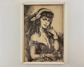 Framed kitsch wall art, print of a gypsy woman in black and white, vintage Bohemian Torino style, 1960s mid century modern