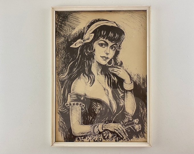 Framed kitsch wall art, print of a gypsy woman in black and white, vintage Bohemian Torino style, 1960s mid century modern