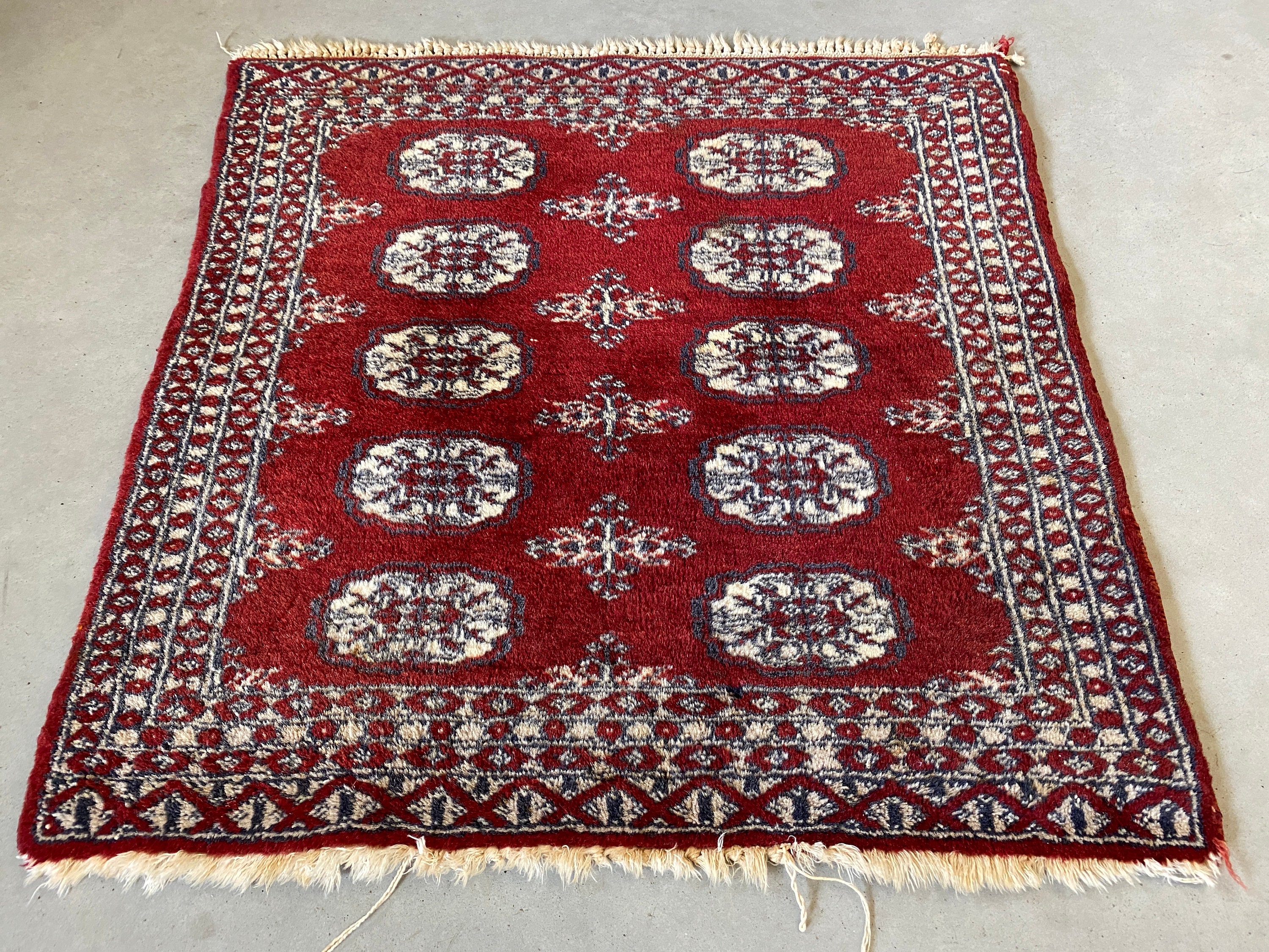Small Oriental Rug, Small Carpet, Made of Wool, Hand Knotted, Red, Blue,  Beige, Brown and More Accents, 1960s Mid Century Modern Style 