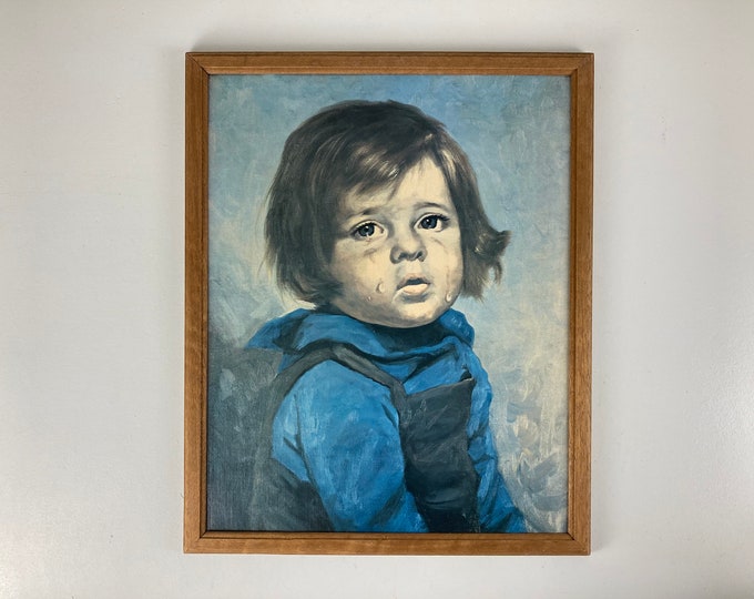 Vintage framed art print crying boy, gypsy boy, kitsch art, gypsy art, Giovanni Bragolin, 1970s wall art