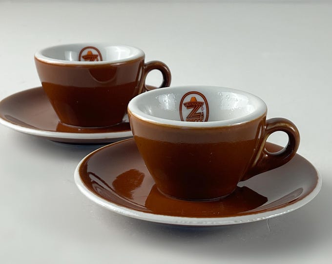 Set of 2 very nice vintage Zicaffè espresso cups and saucers, heavy brown and white Italian porcelain manufactured by ACF