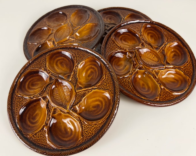 Set of 4 classic brown French oyster plates, shellfish plates, seafood plates, St Clement, France 1960s