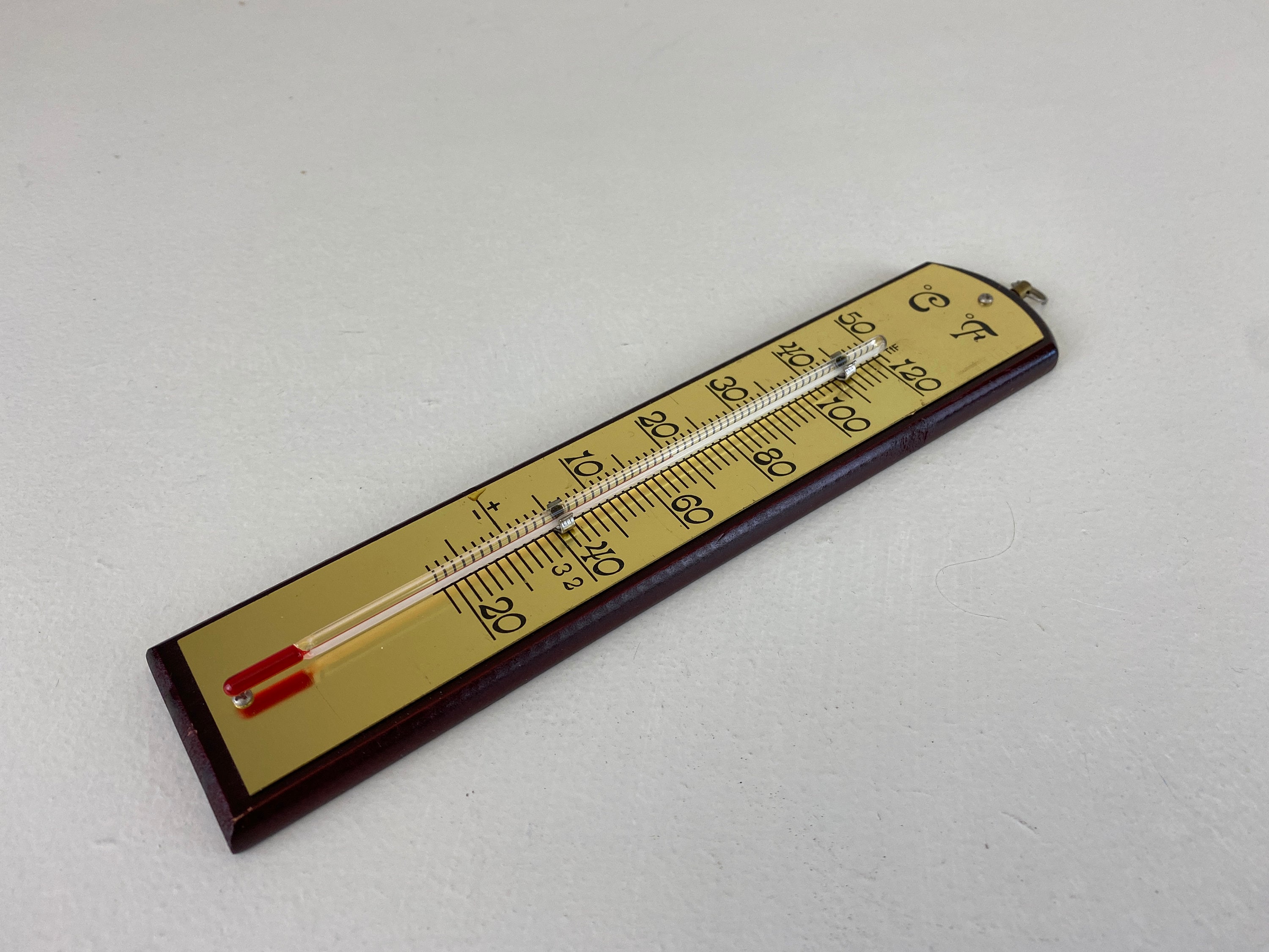 Glass thermometer, wooden base, wall thermometer, vintage from the 1970