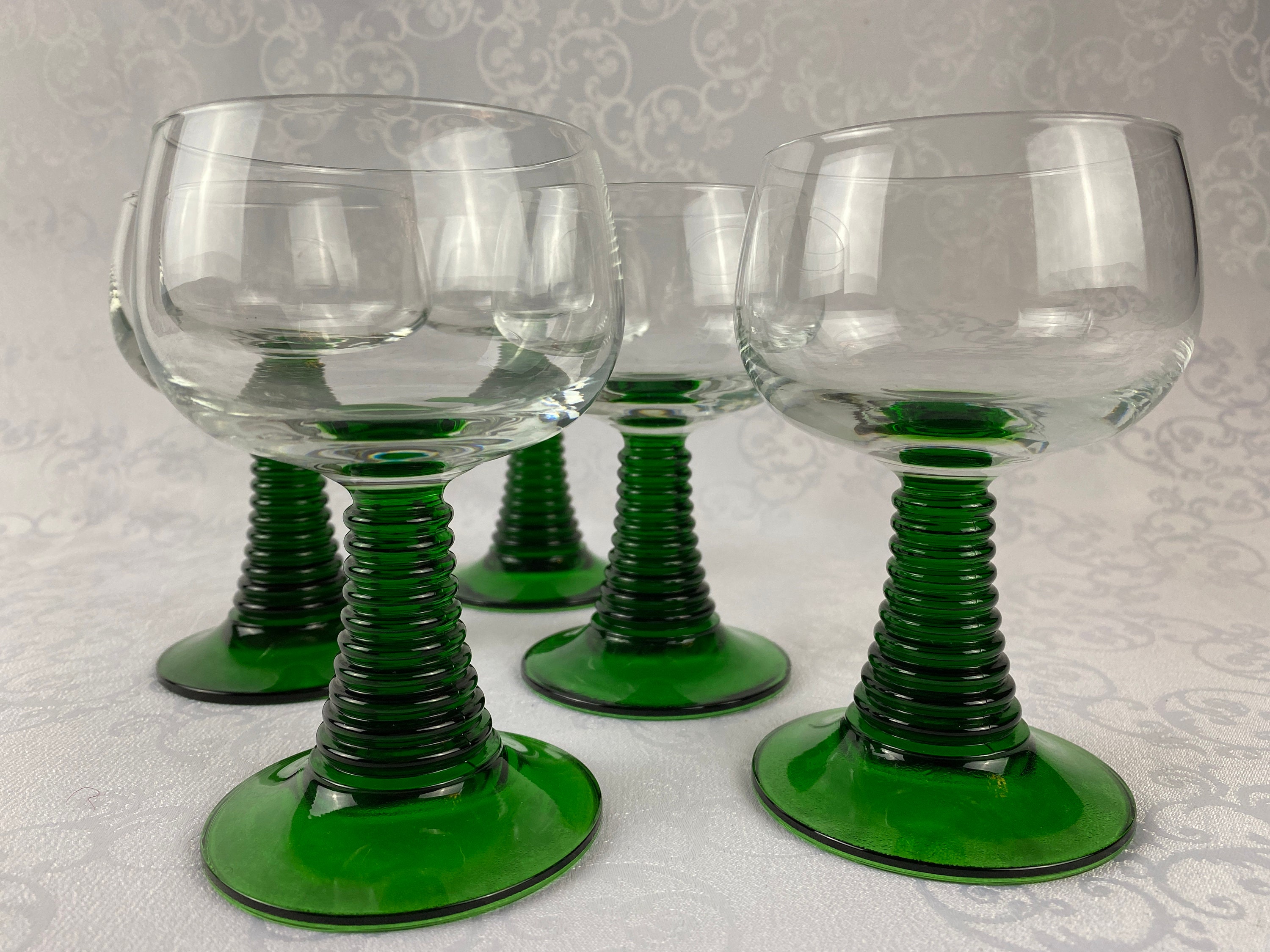5 large green stemmed wine glasses, green colored ribbed stem, roemer
