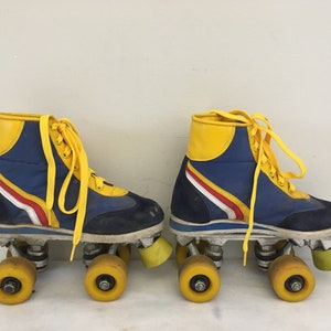 Vintage children disco Roller skates yellow, blue, red and white, 70s Retro Rainbow roller skates. Size EU 34 US child 2.5/3, UK 8.5 inches