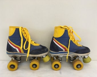 Vintage children disco Roller skates yellow, blue, red and white, 70s Retro Rainbow roller skates. Size EU 34 US child 2.5/3, UK 8.5 inches