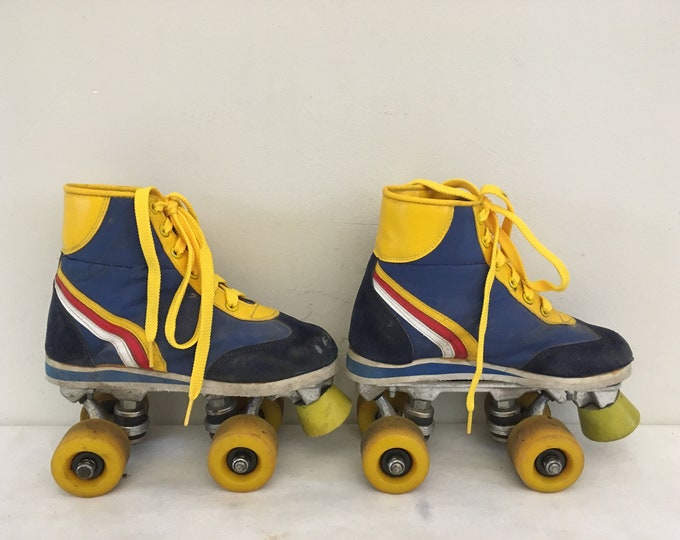 Vintage children disco Roller skates yellow, blue, red and white, 70s Retro Rainbow rollerskates. Size EU 34 US child 2.5/3, UK 8.5 inch