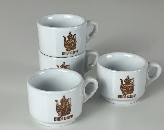 Set of 4 vintage Richard Ginori, bar quality espresso cups advertising Endi Caffe, manufactured in Italy 1980s