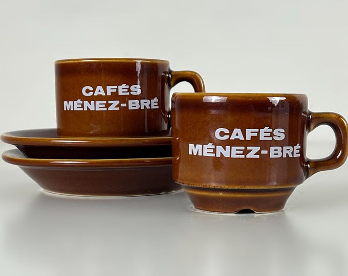 Set of 2 very nice vintage bar, bistro espresso cups, "Cafes Menez-Bre" manufactured by Revol la porcelaine France 1990s