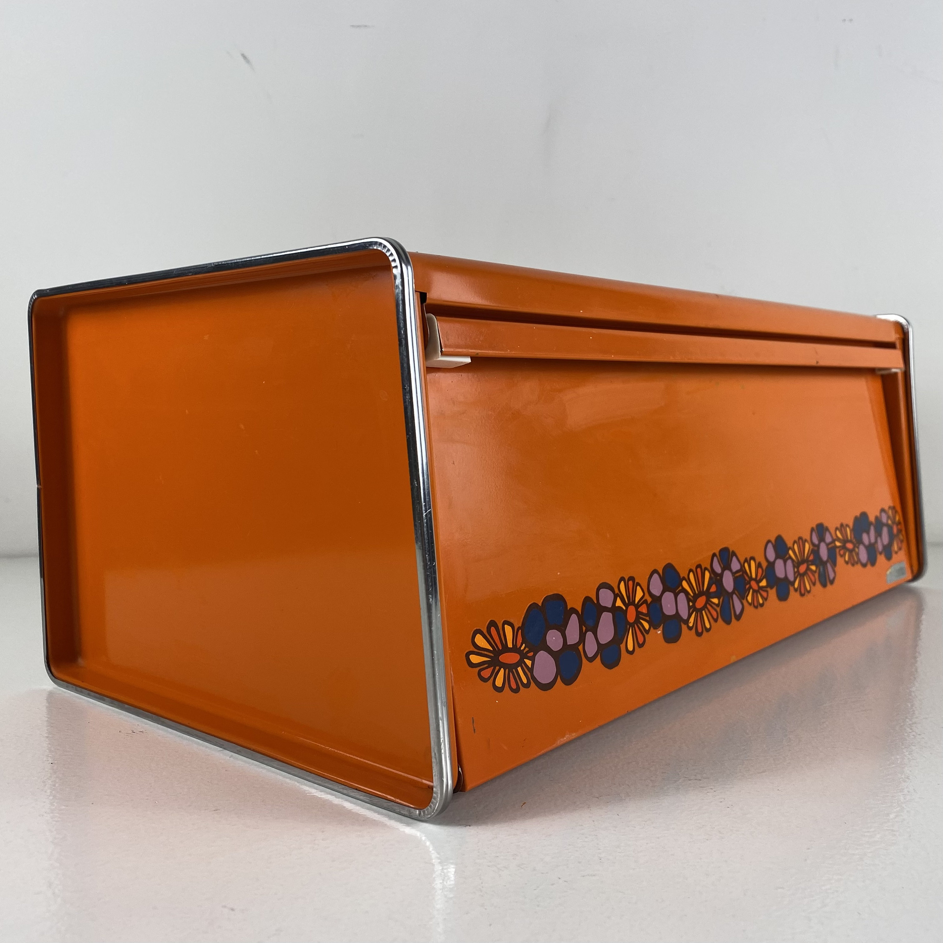 Brabantia orange metal bread box, Brabantia Diana bread box with a flowery design, vintage mid