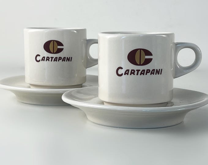 Set of 2 nice porcelain coffee or cappuccino cups, heavy bar quality porcelain, advertising Cartapani coffee, manufactured by IPA Italy